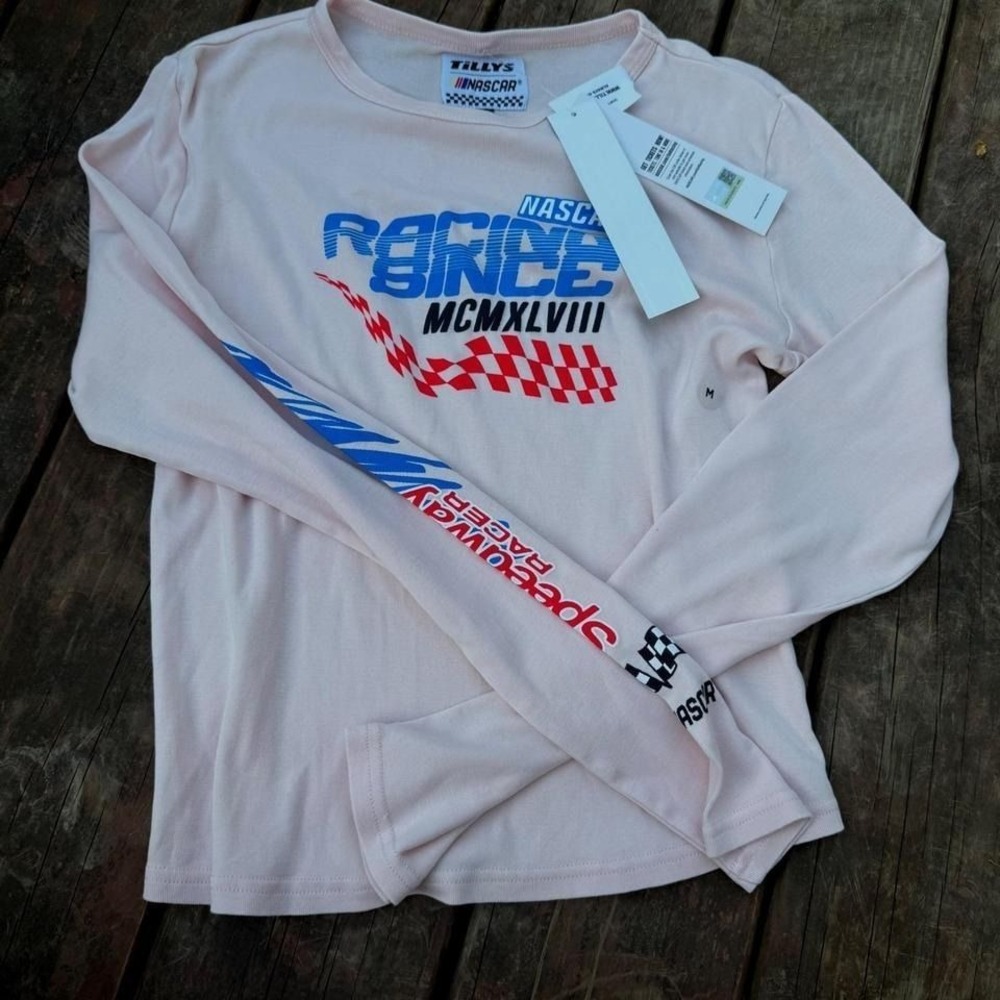 Tillys NASCAR Racing Since MCMXLVIII Long Sleeve Graphic Tee Pink Medium NWT